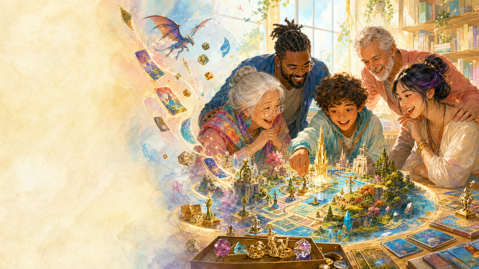 A joyful multigenerational group gathered around an imaginative board game