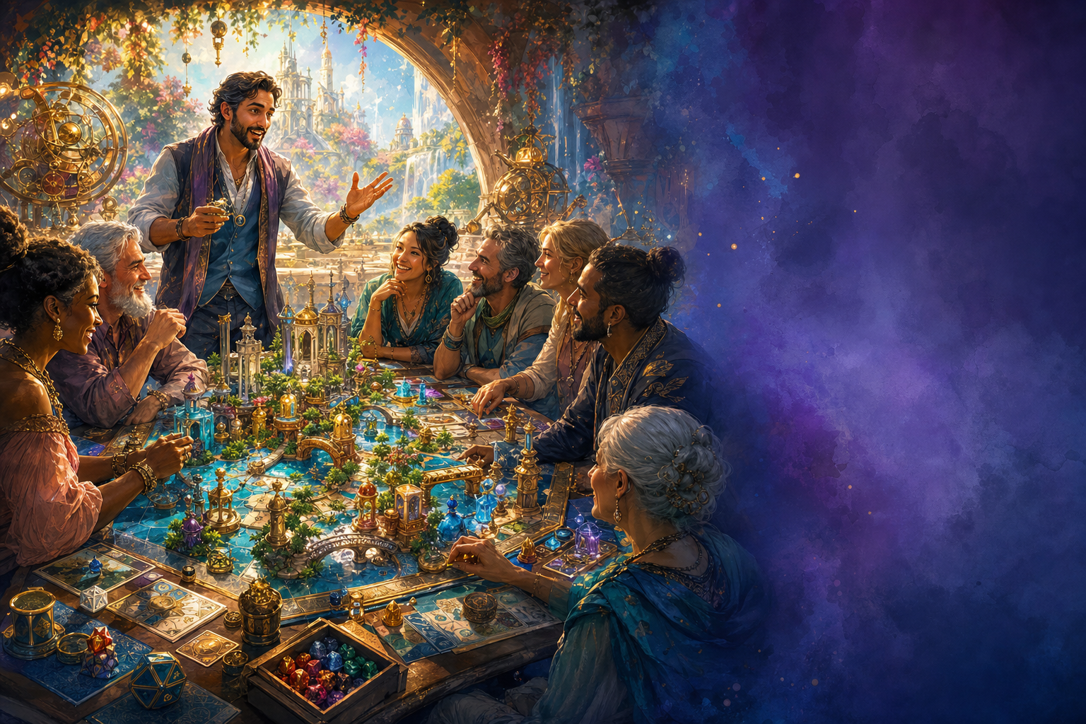 A facilitator welcoming adults to a vivid tabletop game session